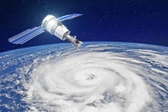 Research, probing, monitoring of tracking in a tropical storm zone, a hurricane. Satellite above the Earth makes measurements of t stock illustration Research, probing, monitoring of tracking in a tropical storm zone, a hurricane. Satellite above the Earth makes measurements of t stock illustration