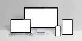 Responsive design devices mockup. Laptop, computer display, phone and tablet with isolated screen