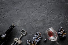 Restauracyjny ustawiający z wina winogronem na kamiennym odgórnego widoku egzaminie próbnym i butelką obrazy royalty free Restauracyjny ustawiający z wina winogronem na kamiennym odgórnego widoku egzaminie próbnym i butelką obrazy royalty free