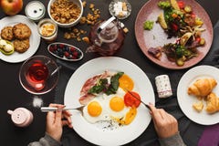 Restaurant breakfast with bacon and fried eggs Stock Photo Restaurant breakfast with bacon and fried eggs Stock Photo