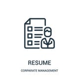resume icon vector from corparate management collection. Thin line resume outline icon vector illustration. Linear symbol for use royalty free illustration resume icon vector from corparate management collection. Thin line resume outline icon vector illustration. Linear symbol for use royalty free illustration