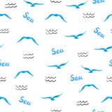 Reticolo senza giunte del mare Siluette dei gabbiani dell'acquerello royalty illustrazione gratis Reticolo senza giunte del mare Siluette dei gabbiani dell'acquerello royalty illustrazione gratis
