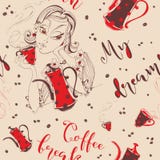 Reticolo senza giunte La ragazza beve il caffè Pausa caffè Il mio sogno Iscrizione alla moda Caffettiera e tazza di caffè Chicco illustrazione vettoriale Reticolo senza giunte La ragazza beve il caffè Pausa caffè Il mio sogno Iscrizione alla moda Caffettiera e tazza di caffè Chicco illustrazione vettoriale