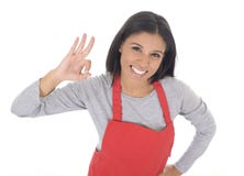 Retrato corporativo de la mujer casera hispánica atractiva joven del cocinero en la presentación roja del delantal feliz y la son imágenes de archivo libres de regalías Retrato corporativo de la mujer casera hispánica atractiva joven del cocinero en la presentación roja del delantal feliz y la son imágenes de archivo libres de regalías