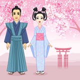 Retrato da animação da família japonesa em clotes antigos Gueixa, Maiko, samurai crescimento completo ilustração do vetor Retrato da animação da família japonesa em clotes antigos Gueixa, Maiko, samurai crescimento completo ilustração do vetor