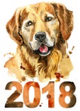 Retrato da aquarela do golden retriever com ano 2018 ilustração stock Retrato da aquarela do golden retriever com ano 2018 ilustração stock
