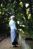 Retrato da jovem mulher tailandesa com o vestido tailandês tradicional que anda no templo tailandês com árvore e nascer do sol imagem de stock Retrato da jovem mulher tailandesa com o vestido tailandês tradicional que anda no templo tailandês com árvore e nascer do sol imagem de stock