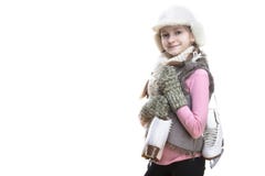 Retrato da menina loura caucasiano de sorriso positiva na roupa do inverno Levantamento Metade-girado com os patins de gelo sobre fotografia de stock royalty free Retrato da menina loura caucasiano de sorriso positiva na roupa do inverno Levantamento Metade-girado com os patins de gelo sobre fotografia de stock royalty free