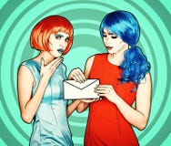 Retrato das jovens mulheres no estilo cômico da composição do pop art As fêmeas estão lendo a letra imagem de stock royalty free Retrato das jovens mulheres no estilo cômico da composição do pop art As fêmeas estão lendo a letra imagem de stock royalty free