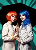 Retrato das jovens mulheres no estilo cômico da composição do pop art Fêmeas com guarda-chuva ilustração do vetor Retrato das jovens mulheres no estilo cômico da composição do pop art Fêmeas com guarda-chuva ilustração do vetor