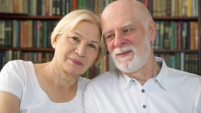 Retrato de los pares mayores apuestos alegres que se sientan en el sofá en casa Tener buen tiempo que se relaja almacen de video Retrato de los pares mayores apuestos alegres que se sientan en el sofá en casa Tener buen tiempo que se relaja almacen de video