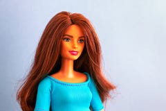 Retrato De Muñeca Barbie Con Pelo Castaño Sobre Fondo Azul Imagen de archivo editorial - Imagen de pelo, retrato: 157844244