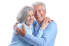 Retrato de pares superiores felizes no fundo branco imagem de stock royalty free Retrato de pares superiores felizes no fundo branco imagem de stock royalty free