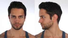 Retrato de um homem, de um perfil e de uma cara consideráveis Criação de um caráter 3D virtual ou de um avatar foto de stock Retrato de um homem, de um perfil e de uma cara consideráveis Criação de um caráter 3D virtual ou de um avatar foto de stock