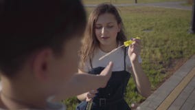 Retrato del niño pequeño que mira a su más vieja hermana en el parque que burbujas de jabón que soplan Hermanos lindos que pasan almacen de metraje de vídeo Retrato del niño pequeño que mira a su más vieja hermana en el parque que burbujas de jabón que soplan Hermanos lindos que pasan almacen de metraje de vídeo