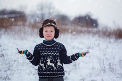 Retrato do inverno do menino da criança que veste uma camiseta feita malha com cervos, fora durante a queda de neve imagem de stock royalty free Retrato do inverno do menino da criança que veste uma camiseta feita malha com cervos, fora durante a queda de neve imagem de stock royalty free