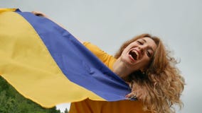 Retrato fêmea exterior da menina patriótica nova que guarda a bandeira ucraniana azul e amarela sobre o fundo do céu vídeos de arquivo Retrato fêmea exterior da menina patriótica nova que guarda a bandeira ucraniana azul e amarela sobre o fundo do céu vídeos de arquivo