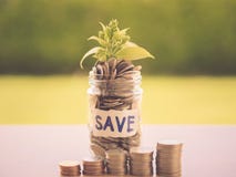 Retro abstract money saving small baby tree with glass jar Coins royalty free stock image Retro abstract money saving small baby tree with glass jar Coins royalty free stock image
