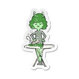 Retro Distressed Sticker Of A Cartoon Alien Woman Ironing Royalty Free Stock Photography