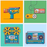 Retro gadgets from 90s in flat line style. Vintage game console, camcorder, tape player,boombox. Game and media tech royalty free illustration Retro gadgets from 90s in flat line style. Vintage game console, camcorder, tape player,boombox. Game and media tech royalty free illustration