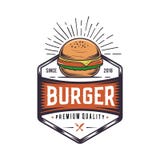 Retro giunto dell'hamburger Illustrazione d'annata degli alimenti a rapida preparazione Progettazione del cheeseburger di logo royalty illustrazione gratis Retro giunto dell'hamburger Illustrazione d'annata degli alimenti a rapida preparazione Progettazione del cheeseburger di logo royalty illustrazione gratis