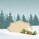 Retro kort för tappningjulhälsning, inbjudan Snöig vinterlandskap med skogen, pappers- etikett för text, stearinljus Arkivbilder Retro kort för tappningjulhälsning, inbjudan Snöig vinterlandskap med skogen, pappers- etikett för text, stearinljus Arkivbilder