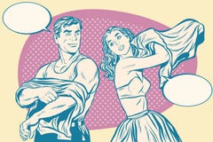 Retro mężczyzna i kobieta w ranku być ubranym odziewamy royalty ilustracja Retro mężczyzna i kobieta w ranku być ubranym odziewamy royalty ilustracja