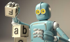 Retro Robot plays with wooden ABC cubes on floore. 3D rendering. royalty free illustration Retro Robot plays with wooden ABC cubes on floore. 3D rendering. royalty free illustration