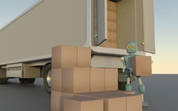 Retro Robot with Shipping Boxes load in truck Render 3d stock images Retro Robot with Shipping Boxes load in truck Render 3d stock images