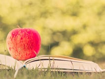 Retro and selective focus of red apple put on open book . royalty free stock image Retro and selective focus of red apple put on open book . royalty free stock image