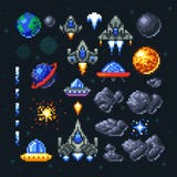 Retro space arcade game pixel elements. Invaders, spaceships, planets and ufo vector set royalty free illustration Retro space arcade game pixel elements. Invaders, spaceships, planets and ufo vector set royalty free illustration