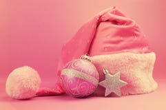 Retro Vintage Pink Santa Hat With Festive Christmas Ornament Stock Image Retro Vintage Pink Santa Hat With Festive Christmas Ornament Stock Image