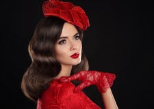 Retro Woman Portrait. Vintage Style Girl Wearing red fashion Hat Stock Photos Retro Woman Portrait. Vintage Style Girl Wearing red fashion Hat Stock Photos