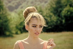Retro woman with stylish blond hair outdoor. Fashion cosmetics for skincare. Sensual woman with makeup on cute face royalty free stock photos Retro woman with stylish blond hair outdoor. Fashion cosmetics for skincare. Sensual woman with makeup on cute face royalty free stock photos