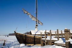 Retro Wooden Ship Frozen Lake Ice Sail People Walk Stock Images Retro Wooden Ship Frozen Lake Ice Sail People Walk Stock Images