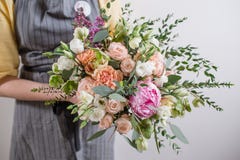 Rich Bunch Of Pink Peonies And White Eustoma Roses Flowers, Green Leaf In Glass Vase. Fresh Spring Bouquet. Summer Royalty Free Stock Images