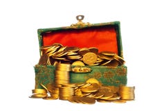 Riches, gold coins in a chest stock photo Riches, gold coins in a chest stock photo