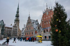 Riga, Latvia - January 5, 2015: House of the Blackheads in the winter - a monument of architecture of the XIV century, one of the stock image Riga, Latvia - January 5, 2015: House of the Blackheads in the winter - a monument of architecture of the XIV century, one of the stock image