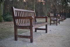 Rij van houten banken in park als symbool van het ontspannen van en het hebben van een rust stock fotografie Rij van houten banken in park als symbool van het ontspannen van en het hebben van een rust stock fotografie