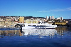 Rijeka, Κροατία, στις 20 Ιανουαρίου 2019 Το καταμαράν που πλέει στο λιμάνι πόλεων στοκ φωτογραφία με δικαίωμα ελεύθερης χρήσης Rijeka, Κροατία, στις 20 Ιανουαρίου 2019 Το καταμαράν που πλέει στο λιμάνι πόλεων στοκ φωτογραφία με δικαίωμα ελεύθερης χρήσης