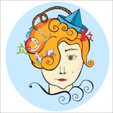 Ritratto con le cose del mare, acconciatura con la nave e pesce, ragazza con i capelli dello zenzero illustrazione di stock Ritratto con le cose del mare, acconciatura con la nave e pesce, ragazza con i capelli dello zenzero illustrazione di stock