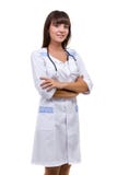 Ritratto di un medico femminile amichevole con lo stetoscopio isolato su bianco fotografia stock libera da diritti Ritratto di un medico femminile amichevole con lo stetoscopio isolato su bianco fotografia stock libera da diritti