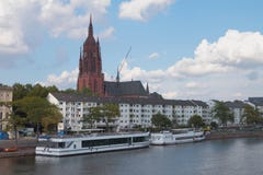 River, Embankment, Walking Motor Ships And Cathedral. Frankfurt Am Main, Germany River, Embankment, Walking Motor Ships And Cathedral. Frankfurt Am Main, Germany
