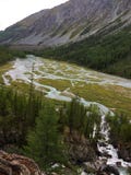 River spill. Mountain river valley. Blue Kucherla river in Belukha national park, Altai mountains, Siberia, Russia stock image River spill. Mountain river valley. Blue Kucherla river in Belukha national park, Altai mountains, Siberia, Russia stock image
