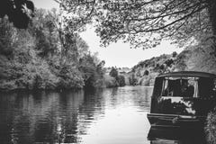 River Thames Landscape View of Manor with Boat . Black and White stock images River Thames Landscape View of Manor with Boat . Black and White stock images