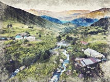 Rivière de village de Roshka et montagnes vertes autour, la Géorgie Digita illustration libre de droits Rivière de village de Roshka et montagnes vertes autour, la Géorgie Digita illustration libre de droits