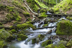 Rivière rapide de montagne coulant parmi les pierres moussues photo stock Rivière rapide de montagne coulant parmi les pierres moussues photo stock