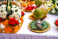 Riz thaïlandais offrant, poisson-chat, noix de coco, pamplemousse, banane images libres de droits Riz thaïlandais offrant, poisson-chat, noix de coco, pamplemousse, banane images libres de droits