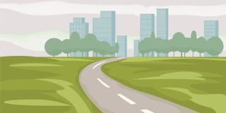 Road way to city buildings on horizon vector illustration, highway cityscape cartoon style, modern big skyscrapers town vector illustration Road way to city buildings on horizon vector illustration, highway cityscape cartoon style, modern big skyscrapers town vector illustration