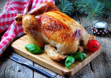 Roast Chicken On A Wooden Table Stock Photography